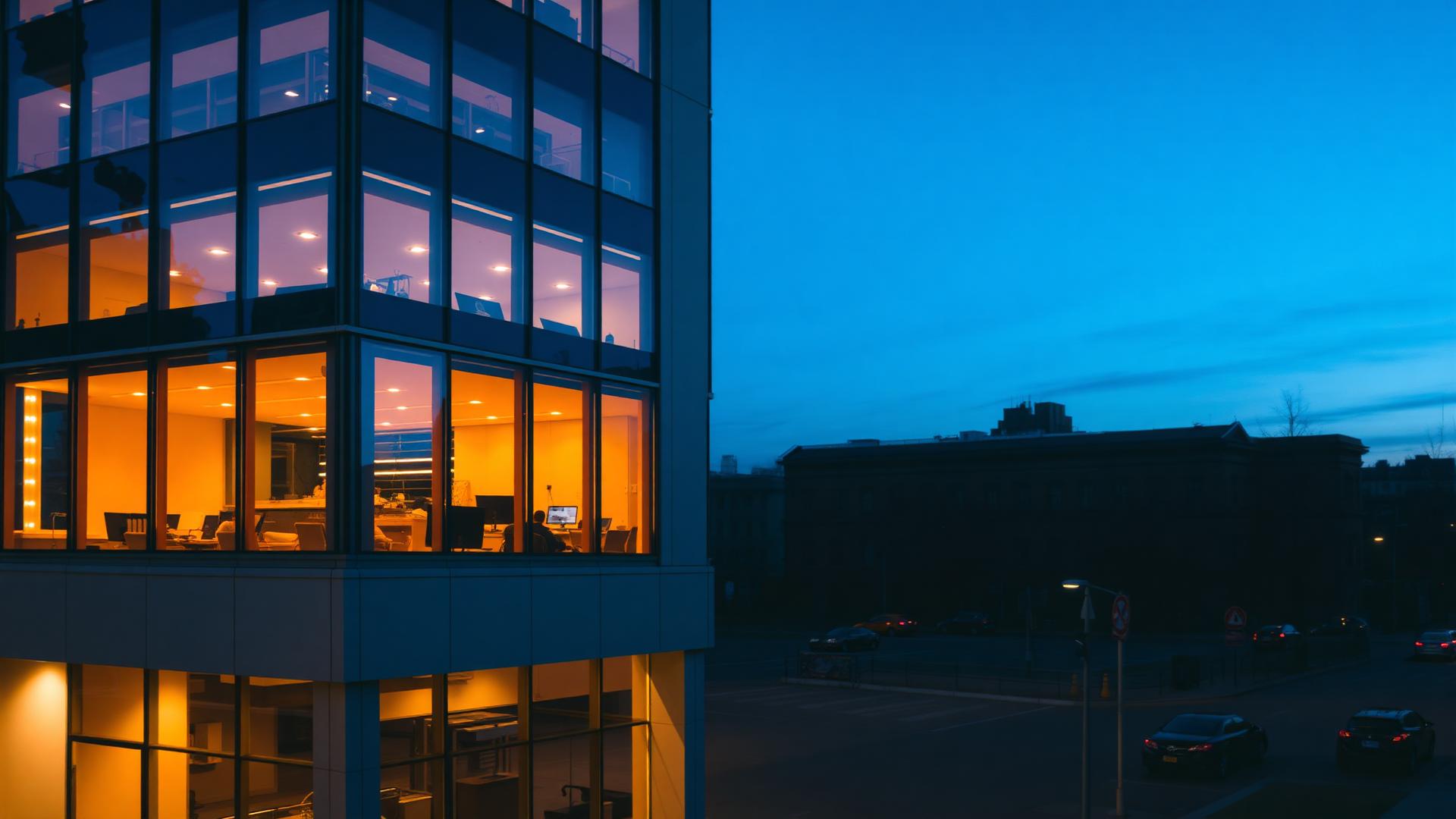 Centro empresarial internacional iluminado ao anoitecer